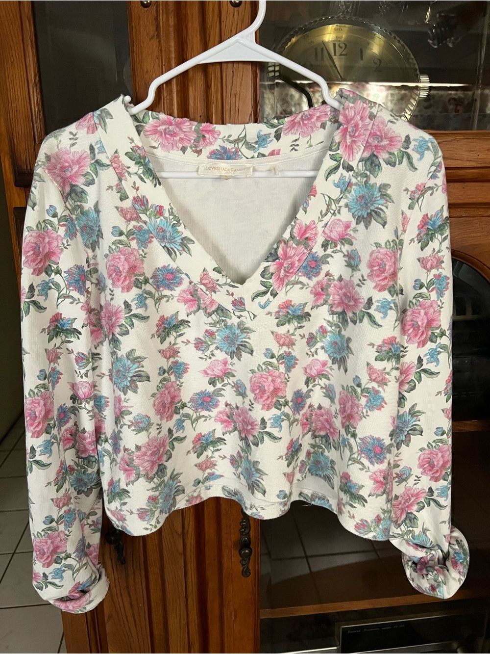 LoveShackFancy Off White Floral V-Neck Crop Top in Pink & Blue